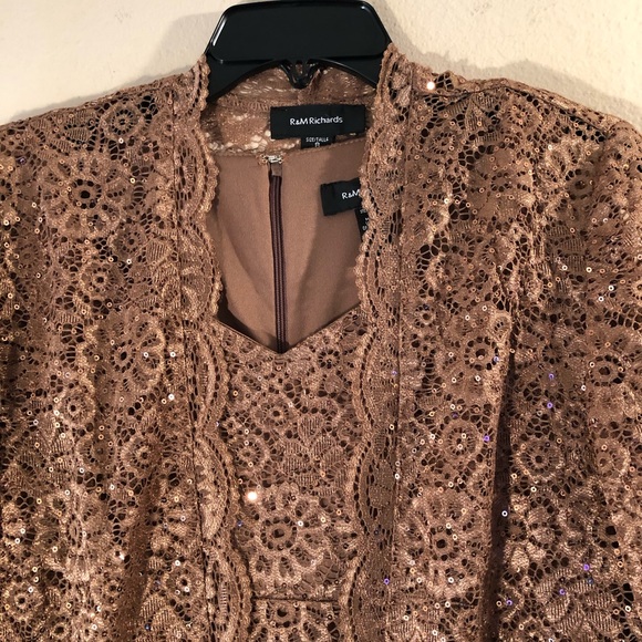 R & M Richards Sequins & Lace Dark Mocha Formal Gown & Jacket - Picture 4 of 16
